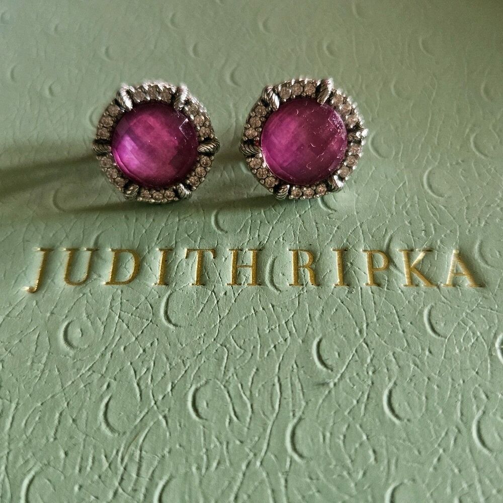 Judith Ripka 925 Sterling Silver Pink Gemstone Texured Rope Bezel Diamonique